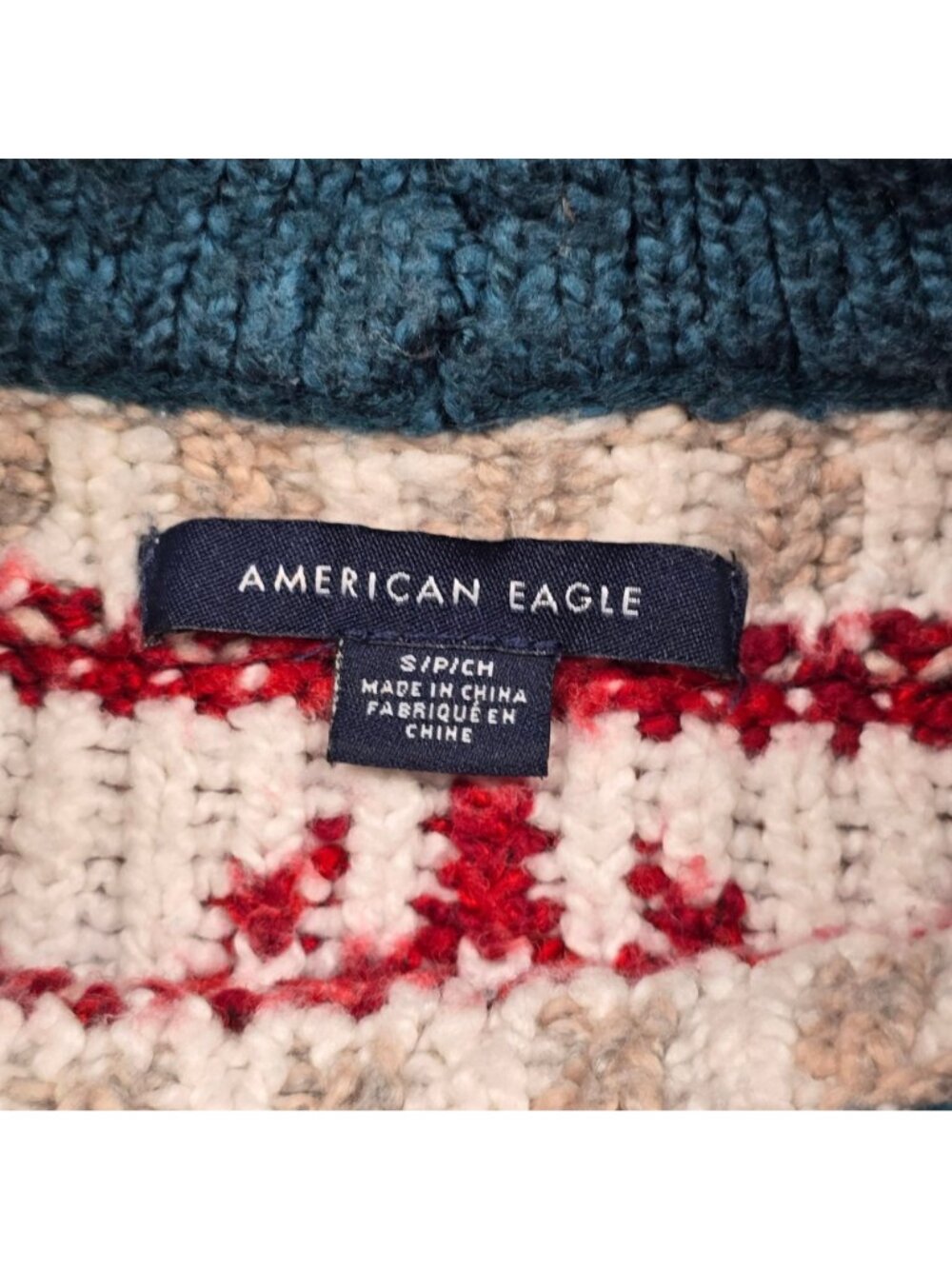American Eagle Small Sweater Blue Red Fair Isle Pullover Knit Cotton Blend - Picture 2 of 4